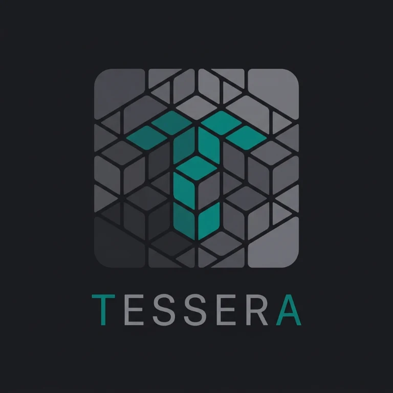 Tessera's geometric tile logo, with a teal T at its centre